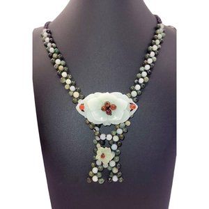 Carved Nephrite Flower Pendant Choker Necklace